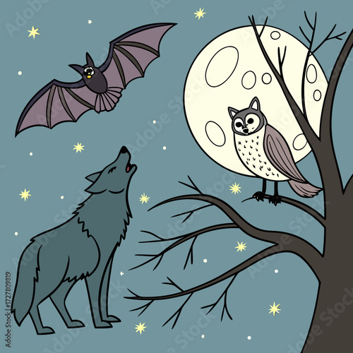 A cartoon illustration of a wolf howling at the moon an owl perched on a tree branch and a bat flying in the starry night sky