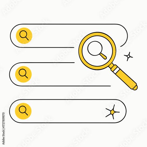 A bright yellow magnifying glass hovers over three empty search bars with magnifying glass icons representing online search and data exploration