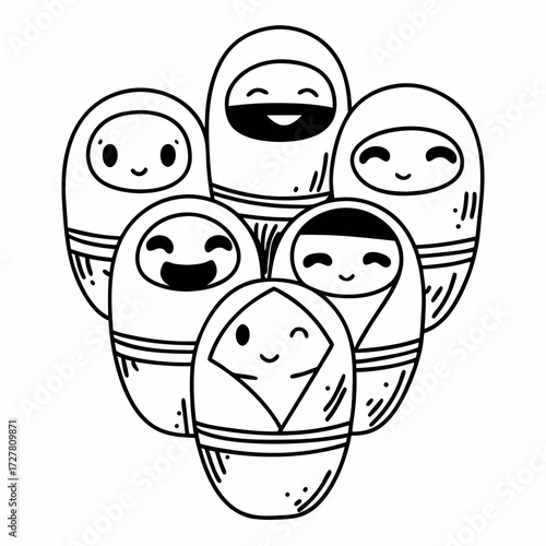A charming group of diverse cartoon characters bundled in swaddling clothes with happy and smiling faces in a playful doodle art style