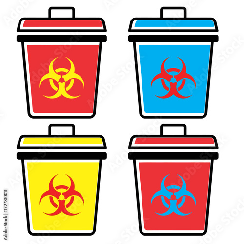 Colorful trash cans with biohazard symbols, representing waste management and disposal safety