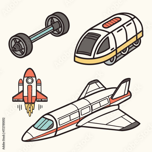 A collection of stylized cartoon transportation vehicles including a futuristic train a space shuttle a rocket ship and a hovercraft wheel on a light background