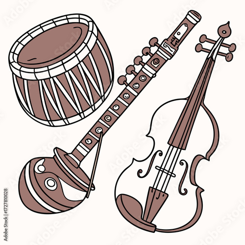 A collection of traditional indian musical instruments including a dholak a bansuri and a sarangi depicted in a simple line art style with a muted color palette