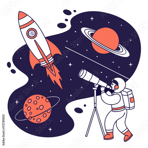 A curious astronaut in a spacesuit uses a telescope to observe a rocket launching into a vibrant galaxy with planets and stars