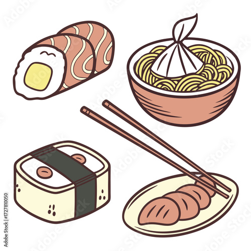 A delightful illustration of japanese cuisine featuring salmon sushi rolls a bowl of ramen noodles with a bag of toppings nigiri sushi and grilled meat slices with chopsticks on a plate
