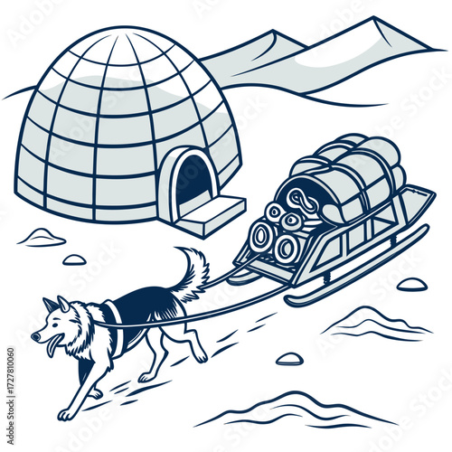 A dog sled team pulls a loaded sled past an igloo with snowy mountains in the background illustrating arctic travel and traditional life
