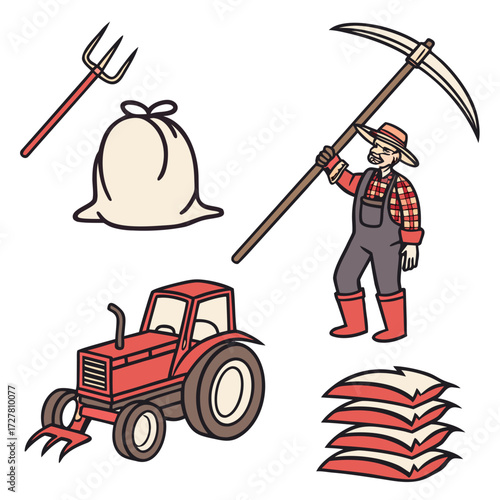 A farmer with a scythe stands near a red tractor pitchfork and sacks of grain symbolizing agriculture and harvest
