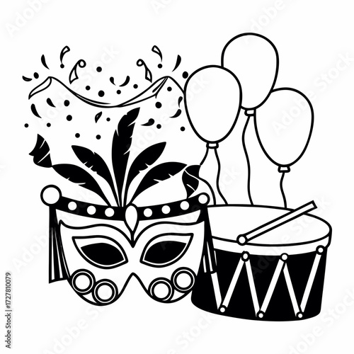 A festive black and white illustration featuring a masquerade mask with feathers a drum with drumsticks and balloons all surrounded by confetti and streamers perfect for celebrations