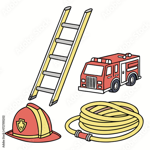 A vibrant cartoon illustration featuring essential firefighting equipment including a red and yellow ladder a classic red fire truck a protective firefighter helmet and a coiled yellow hose