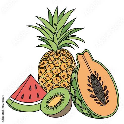 A vibrant illustration featuring a whole pineapple a sliced papaya a wedge of watermelon and a halved kiwi against a clean white background