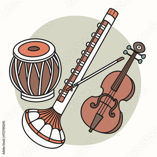 A vibrant illustration featuring traditional indian musical instruments including a tabla drum a shehnai and a violin with a bow arranged in a harmonious composition