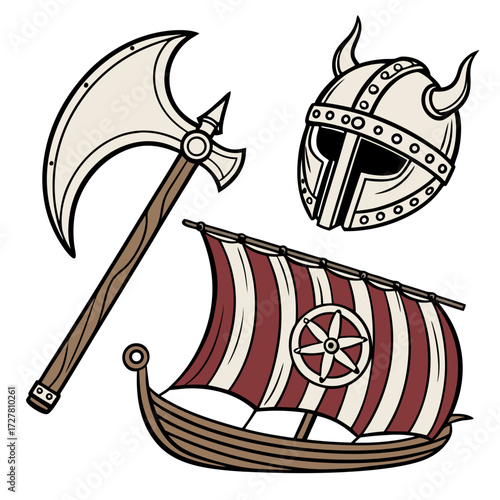 A viking battle axe a horned helmet and a longship with a striped sail and a sun wheel emblem are depicted in this stylized illustration on a white background