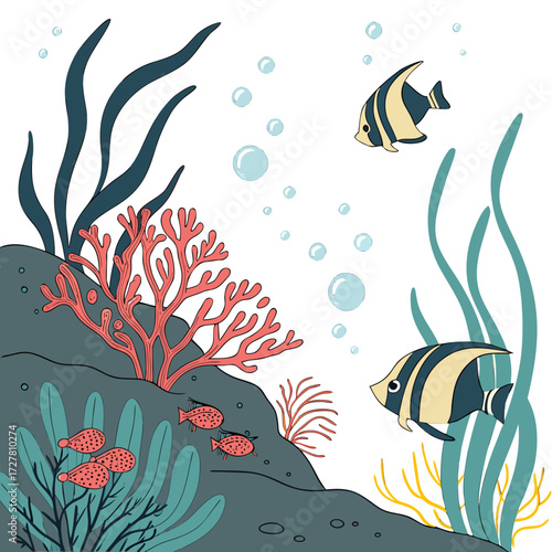 A vibrant underwater scene featuring a rocky reef with colorful coral diverse sea plants small red fish and two striped angelfish swimming among bubbles