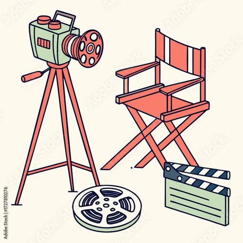 A vintage film camera on a tripod a director s chair a film reel and a clapperboard are depicted in a flat design illustration with a cream background
