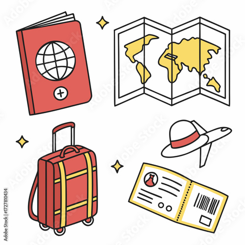 Collection of travel essentials including a passport world map suitcase airplane with hat and boarding pass on a white background