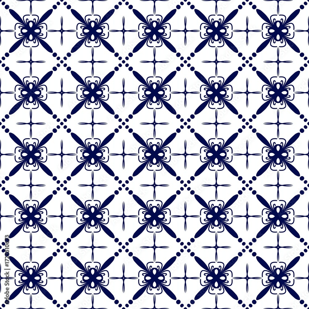 Fototapeta premium Monochrome Seamless Pattern with Geometric and Floral Motifs in Blue and White.