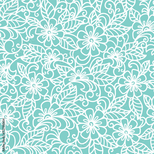 seamless  abstract  floral   background. White flowers on green. Vector hand made pattern