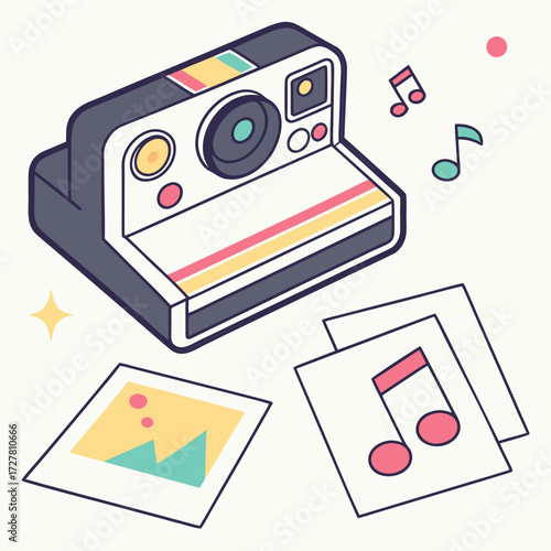 Retro instant camera with colorful stripes and printed photos of a landscape and musical notes evoking nostalgia and creativity