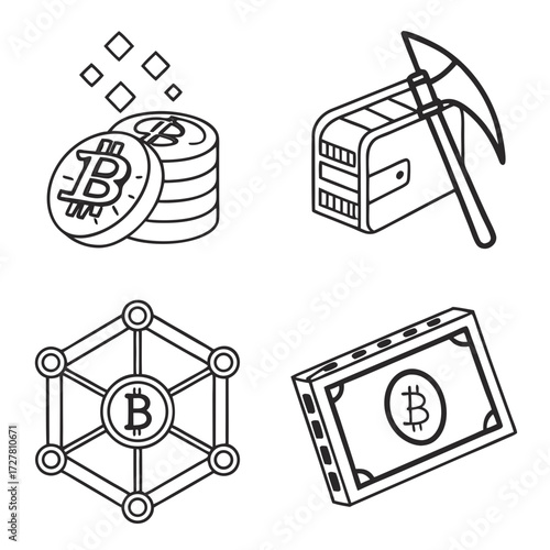 Set of four isometric line art icons representing cryptocurrency concepts including bitcoin coins mining blockchain network and digital currency