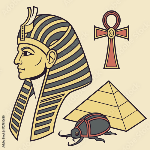 Stylized egyptian symbols including a pharaohs headdress an ankh cross a pyramid and a scarab beetle on a light background