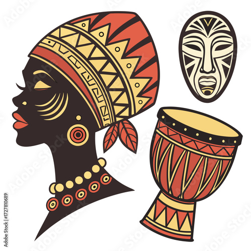 Stylized african woman silhouette with traditional headwrap and jewelry alongside a tribal mask and drum
