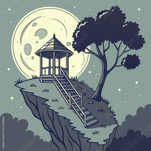 Whimsical illustration of a wooden gazebo on a floating island with a large moon and starry night sky above