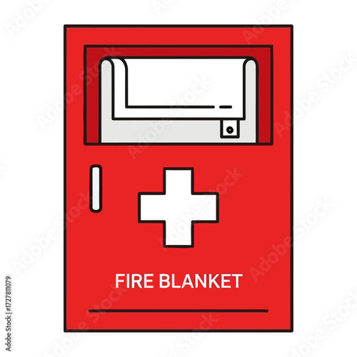 Red fire blanket cabinet with white cross emblem and label, emergency safety equipment illustration
