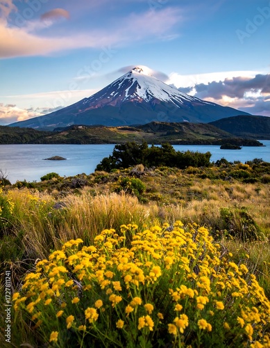 Scenic lake view with a snow-capped volcano