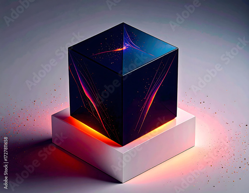 Abstract illuminated cube with colorful light effects and shadows