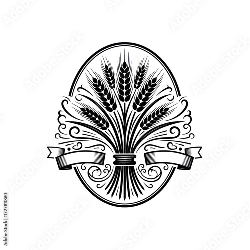 A black and white oval emblem featuring a stylized sheaf of wheat stalks tied with a band, surrounded by decorative swirls and banners.