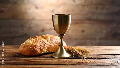 Communion bread and chalice on a wooden table