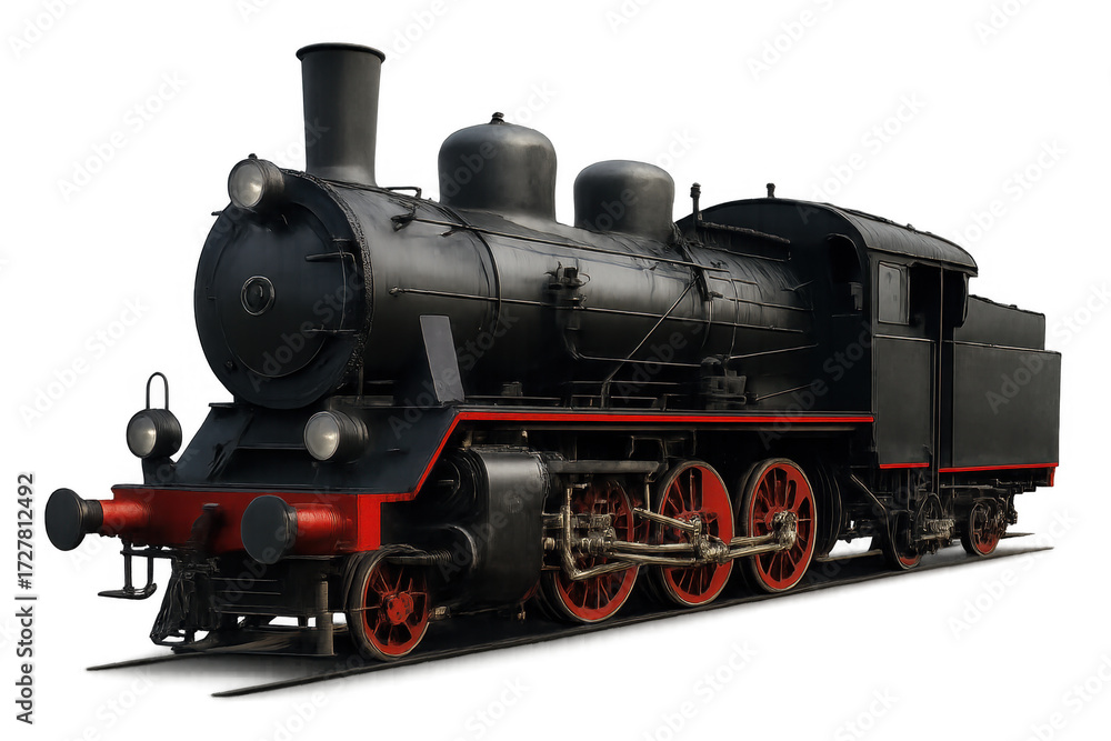 Fototapeta premium Vintage black steam locomotive on tracks showing power