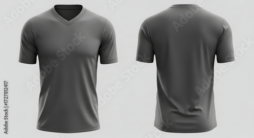 Premium Dark Grey V-Neck T-Shirt Template Displaying Front and Rear Perspectives, Ideal for Fashion Design and Product Showcases