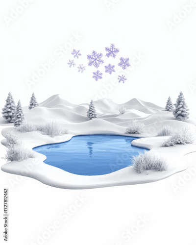 Winter Snow Landscape with Blue Frozen Lake, Snowflakes, Snow-Covered Trees, and Hills on Transparent Background – Vector Illustration