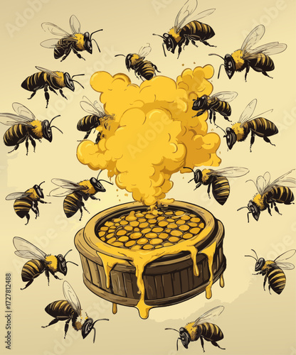 Vibrant Bees Swarming Around Honeycomb Barrel with Golden Honey Dripping and Steam, Artistic Nature Illustration