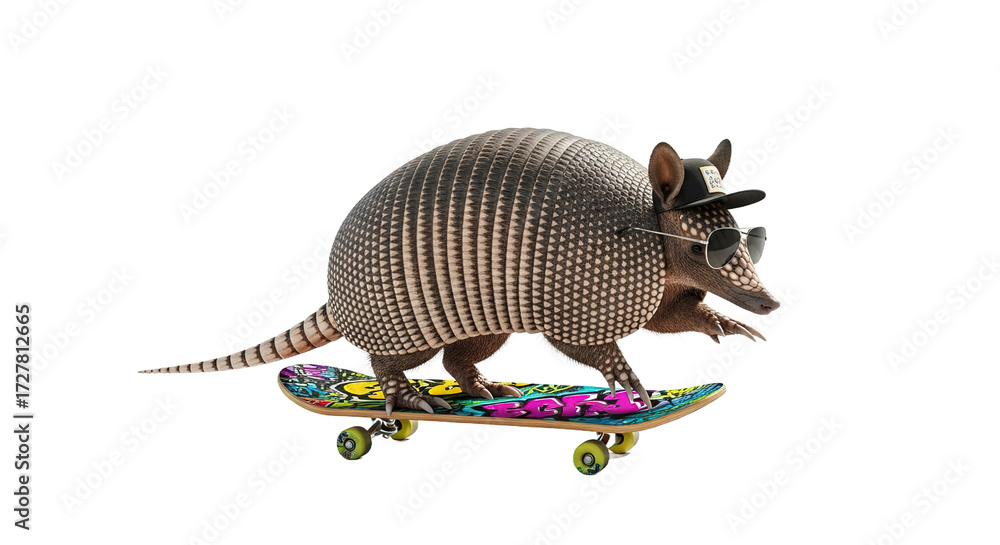 Obraz premium Armadillo rides a skateboard isolated on white background.