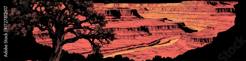 Dramatic Grand Canyon Sunset Vector Illustration with Silhouetted Tree, Vibrant Orange Cliffs and River on Transparent Background