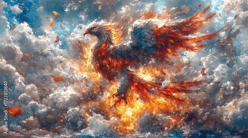 Majestic Phoenix Bird Rising from Flames in the Sky, Fiery Mythical Creature, Dramatic Surreal Fantasy Art with Vibrant Colors