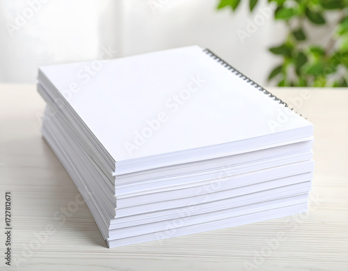 Stack of blank white pages on desk for creative writing and notes