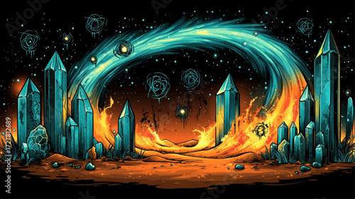 Surreal Fantasy Landscape With Glowing Crystals, Fiery Swirl, and Starry Night Sky – Futuristic Digital Art Background