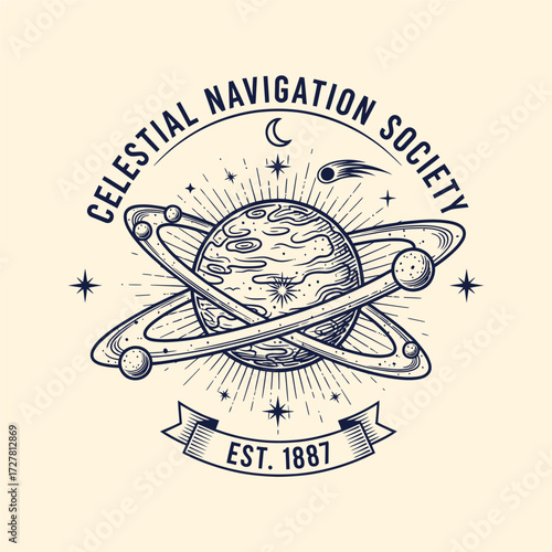 Vintage emblem of the Celestial Navigation Society, featuring a planet with orbital rings and celestial elements.