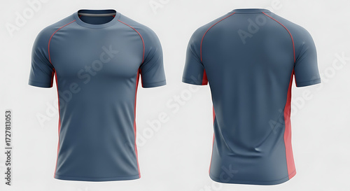 Realistic mockup of a men's slate blue and red athletic performance t-shirt, showcasing both front and back sides for design presentation and branding