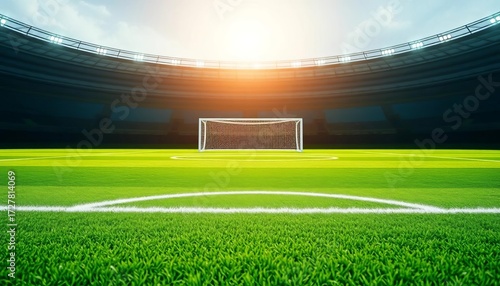 Green soccer field with white lines, goals visible in distance,  pitch, soccer field