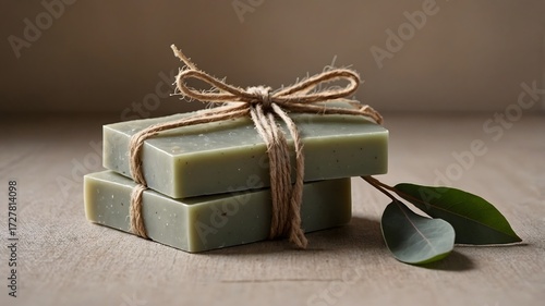 Rustic handmade organic soap bars tied with jute rope, decorated with eucalyptus leaves, eco friendly natural skincare and bathroom accessories
