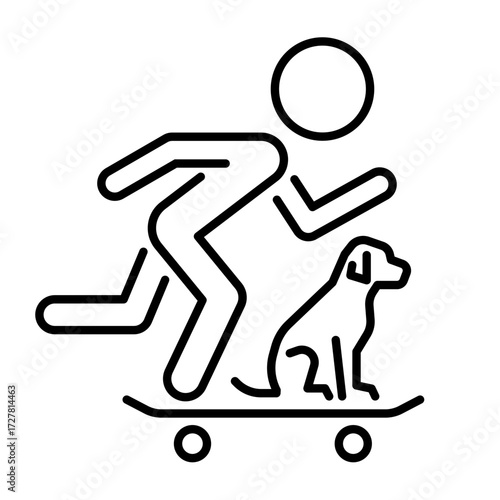 child with a dog riding a longboard clip art icon symbol, animal lover concept, active lifestyle, leisure activity, isolated line vector illustration, editable stroke