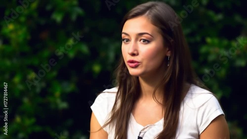 Young Woman Speaking Outdoors, Emotional Expression.
