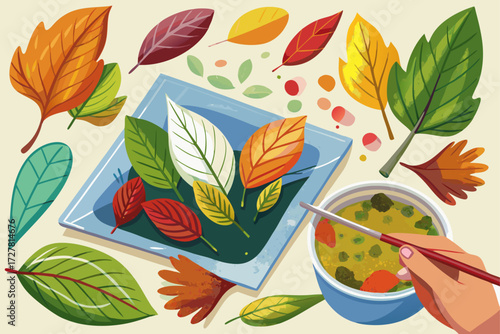 vector of Collect dry or fresh leaves.
Dip them in paint and press them on the paper to transfer the design.
You can mix colors and make a tableau.
