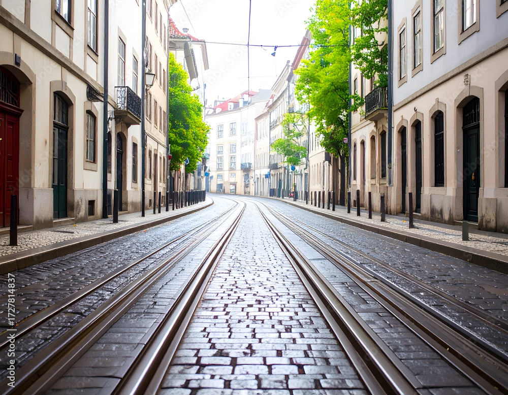 Fototapeta premium Serene Streetcar Tracks in a Quiet European City Landscape