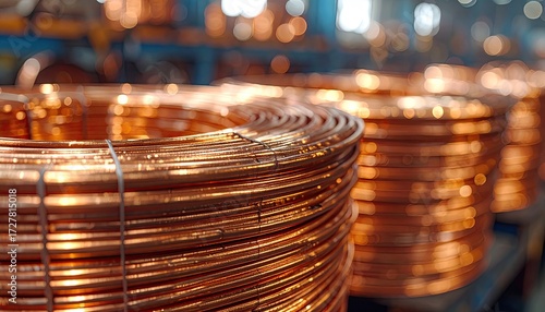 Tightly wound spools of gleaming copper wire in a warehouse setting, shallow depth of field highlighting the warm metallic sheen