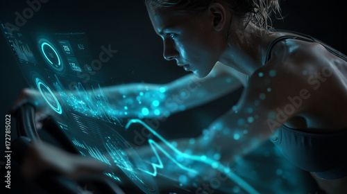 A woman exercising on a smart gym machine with an AI analyzing her biometric data on a holographic display.