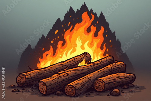 A campfire burns brightly, logs arranged in front of a dark, mountainous silhouette.